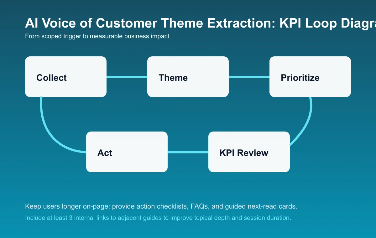 AI Voice of Customer Theme Extraction process diagram and KPI loop