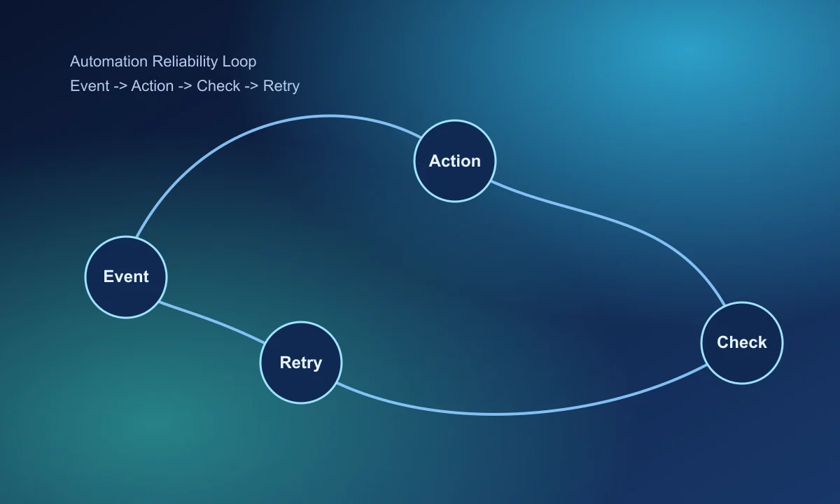 Automation reliability loop with event action check and retry stages