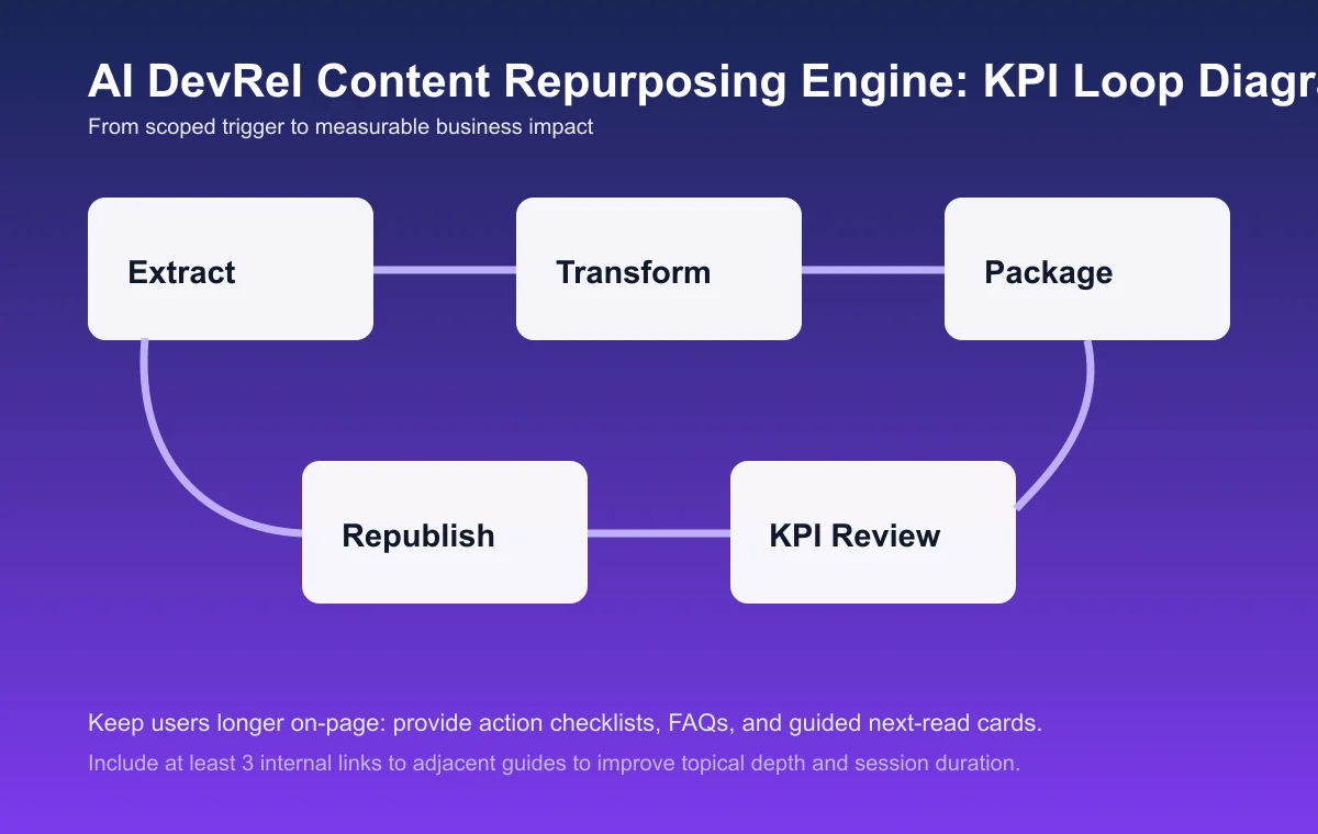 DevRel Content Repurposing Engine process diagram and KPI loop