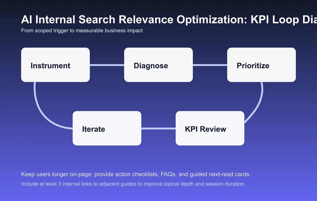 Internal Search Relevance Optimization process diagram and KPI loop