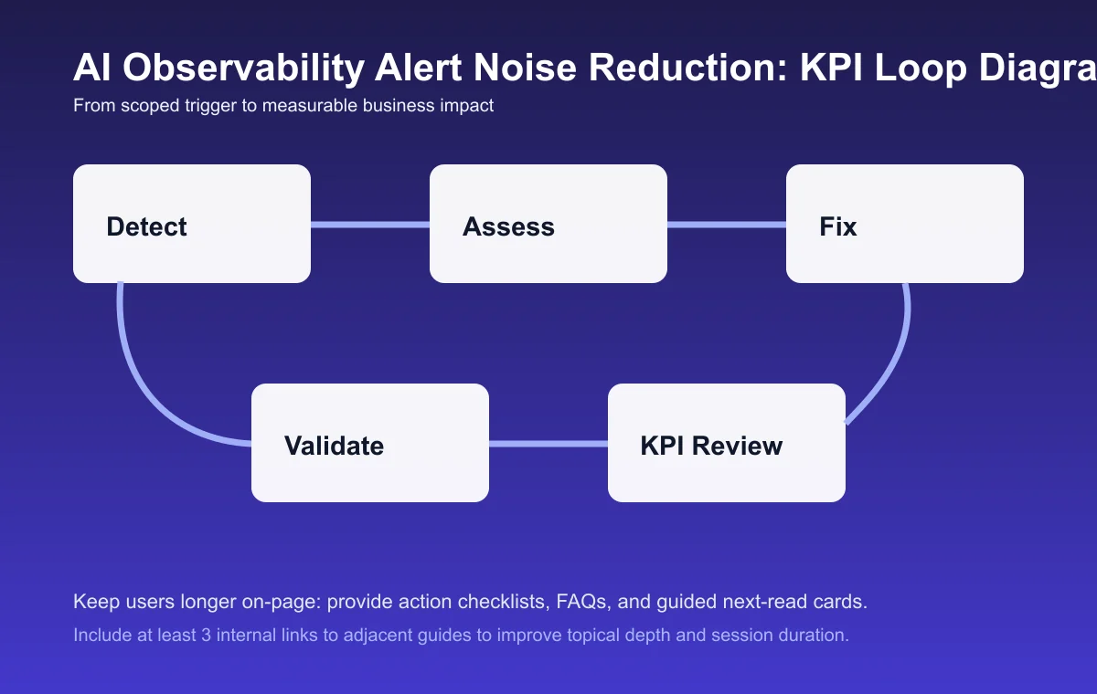 Observability Alert Noise Reduction process diagram and KPI loop