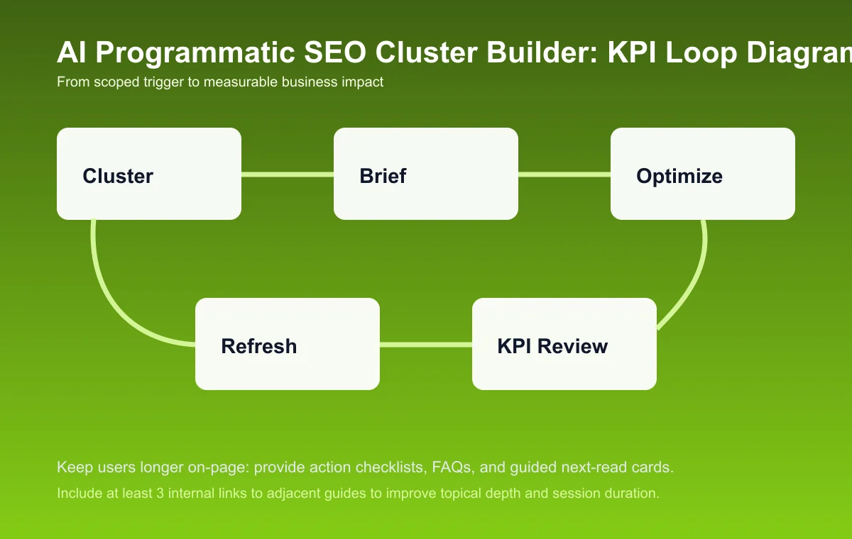Programmatic SEO Cluster Builder process diagram and KPI loop