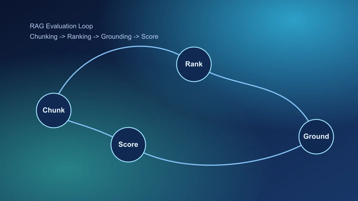 RAG evaluation loop for chunking ranking grounding and scoring
