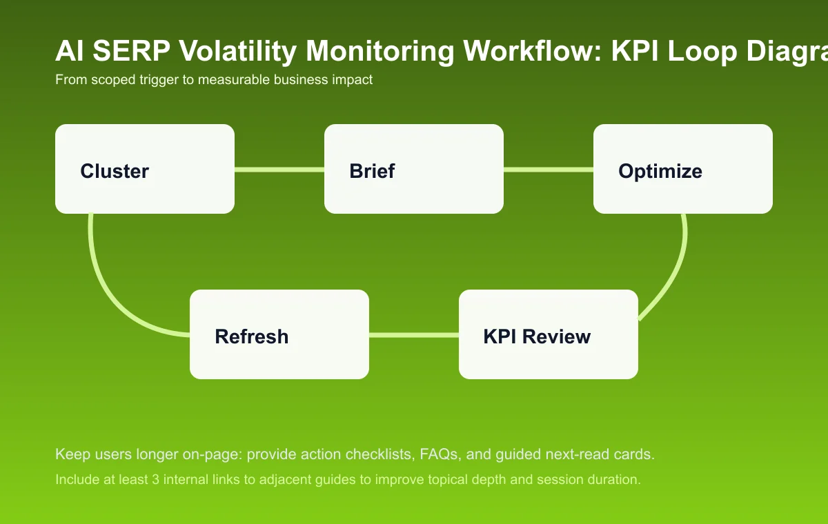 SERP Volatility Monitoring Workflow process diagram and KPI loop