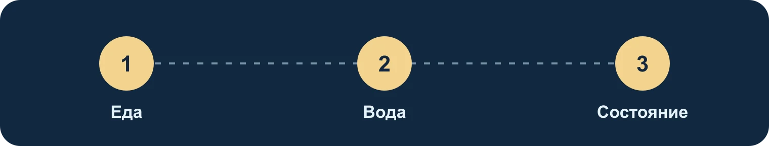Проверка аппетита: еда, вода, состояние: Еда, Вода, Состояние