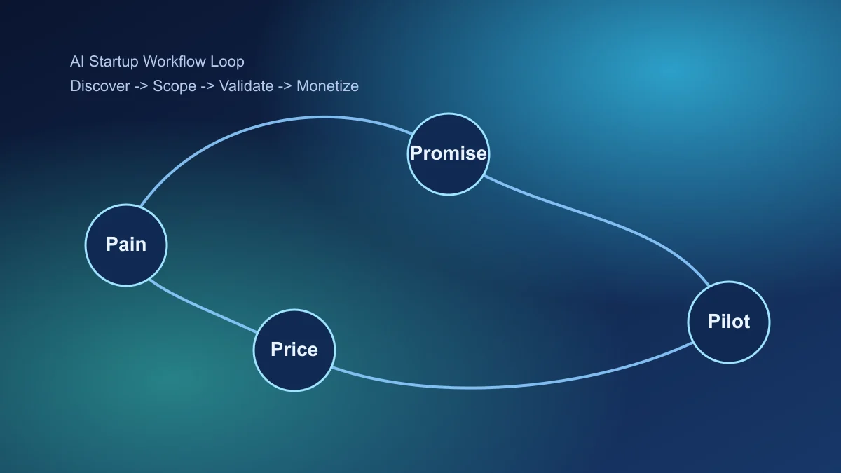 AI startup workflow loop showing pain, promise, pilot, and price stages